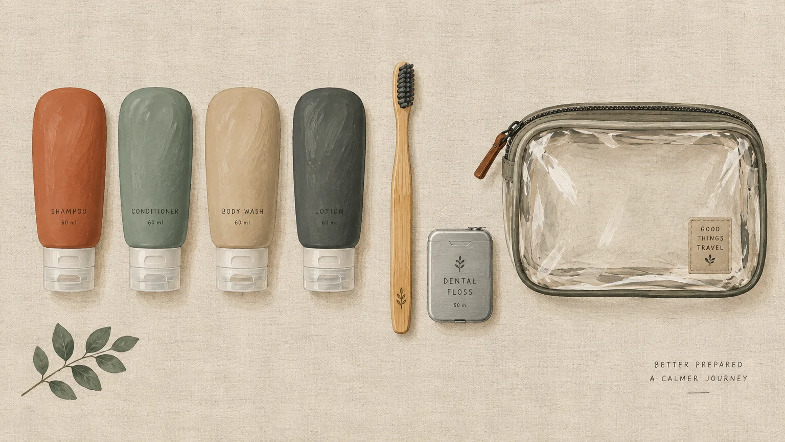Illustration of four colorful travel bottles, a wooden toothbrush, dental floss, and a clear zippered pouch on a beige background.