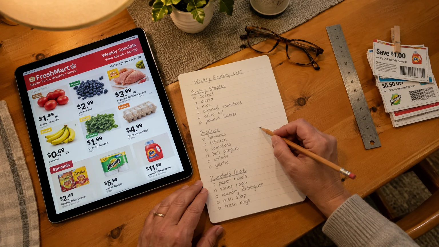 Person writing a grocery list on a notepad next to a tablet displaying grocery specials and clipped coupons.