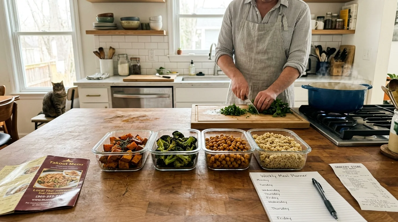 A person chops herbs behind glass containers of prepped food, a weekly meal planner, and a takeout menu on a kitchen island.