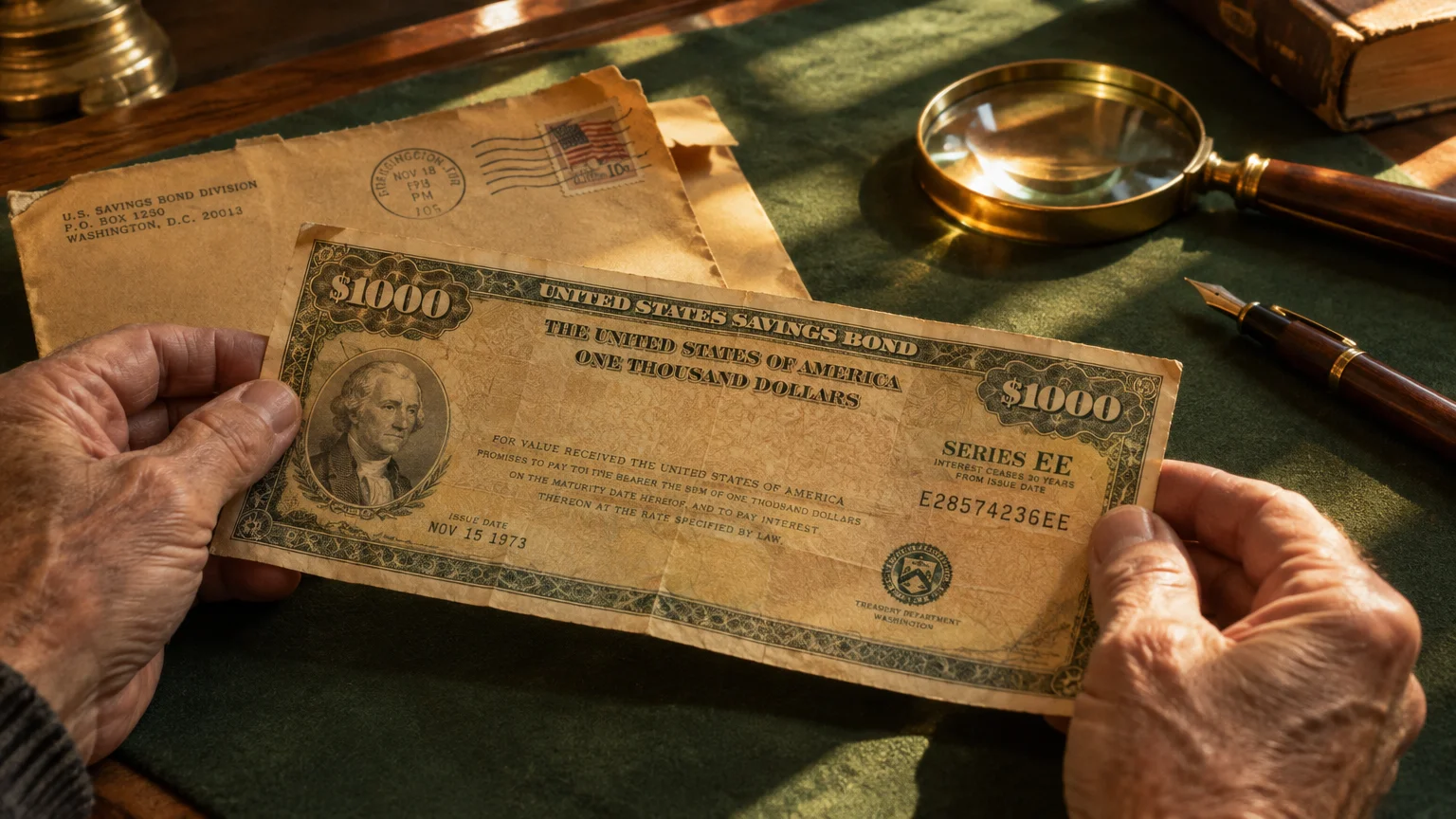 Hands holding a vintage $1000 Series EE US savings bond over a green desk with an envelope and magnifying glass.