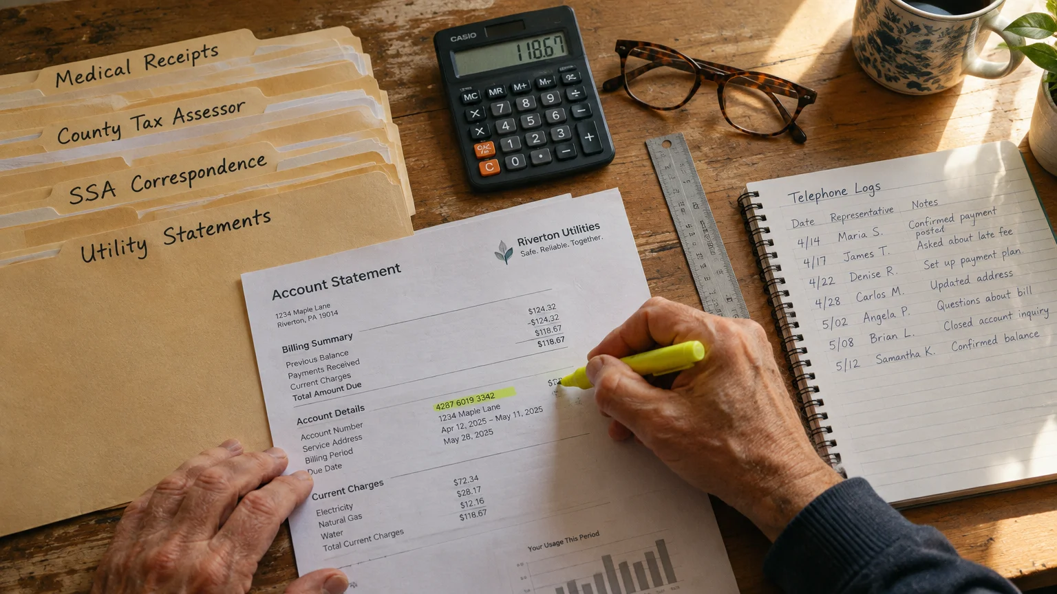 Person reviewing a utility bill with a yellow highlighter beside labeled file folders, a calculator, and a notebook log.