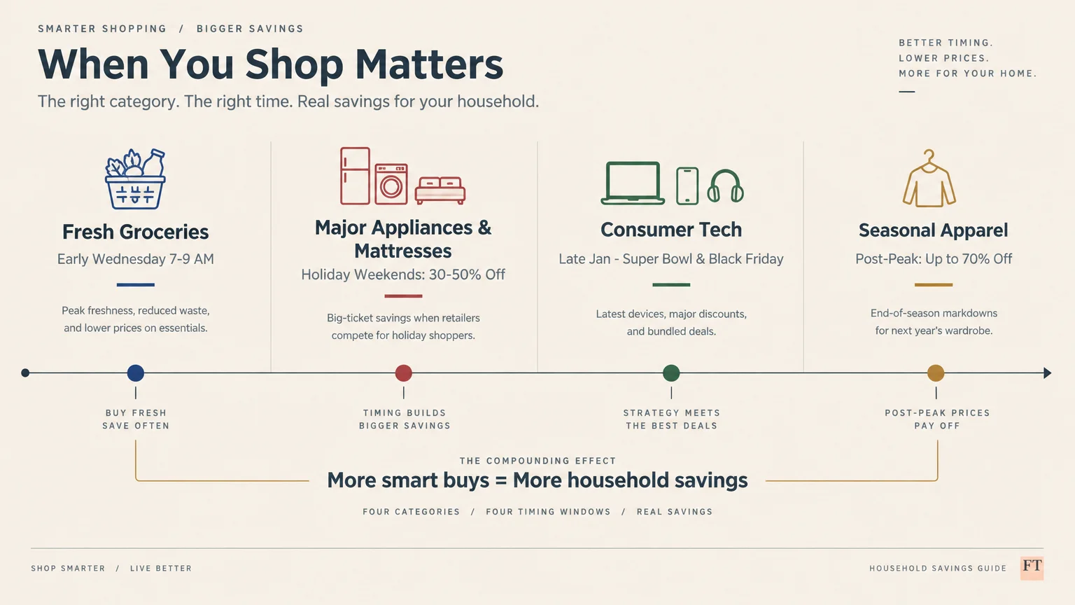 Timeline diagram detailing optimal shopping schedules and discount windows across four retail merchandise categories.