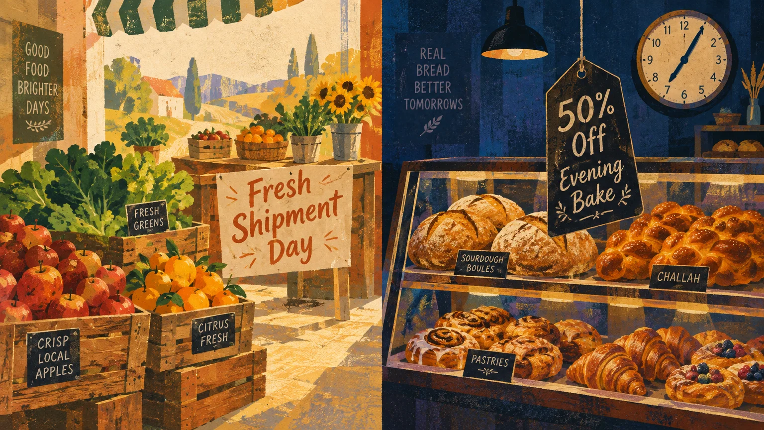 Crates of fresh produce in a sunlit stall beside an evening bakery display case filled with breads and pastries.