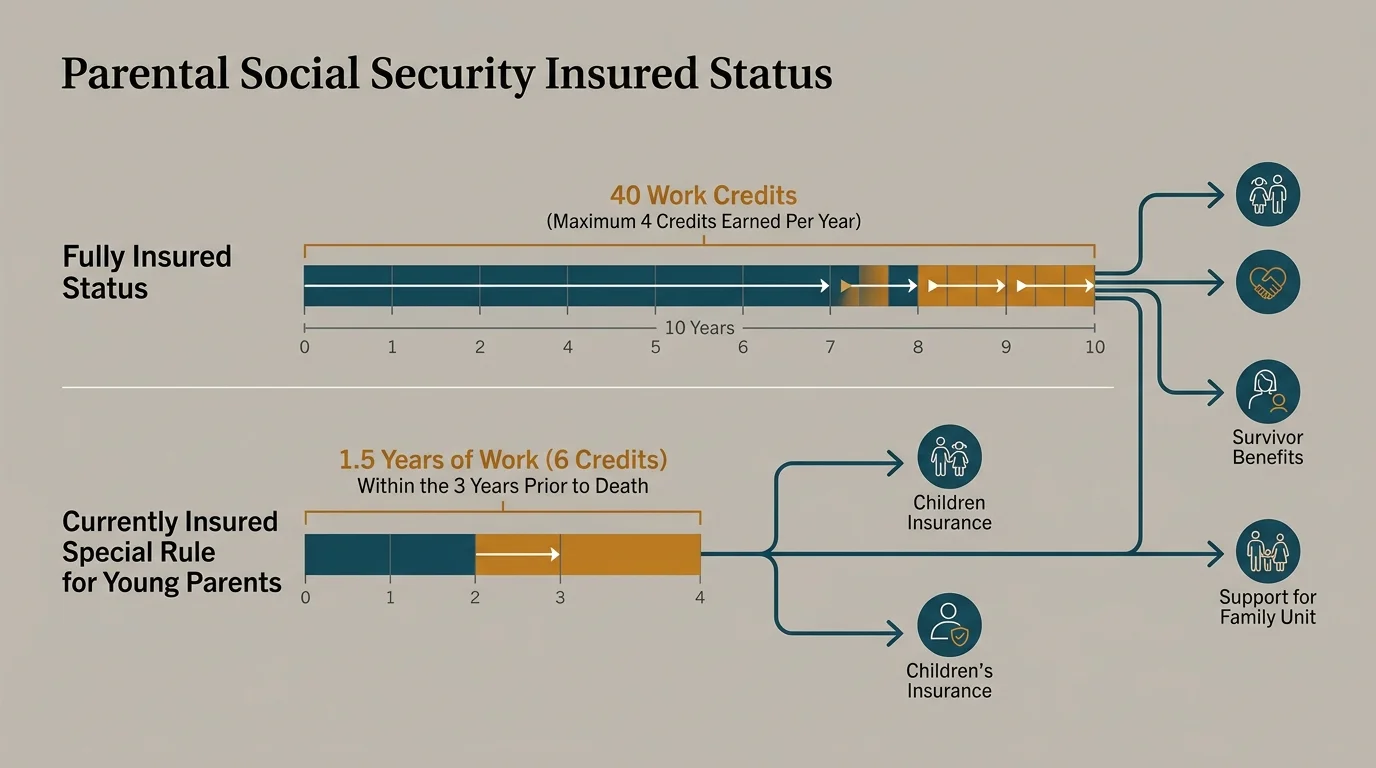 Diagram comparing 40 work credits over 10 years to the currently insured rule of 6 credits, leading to survivor benefits.