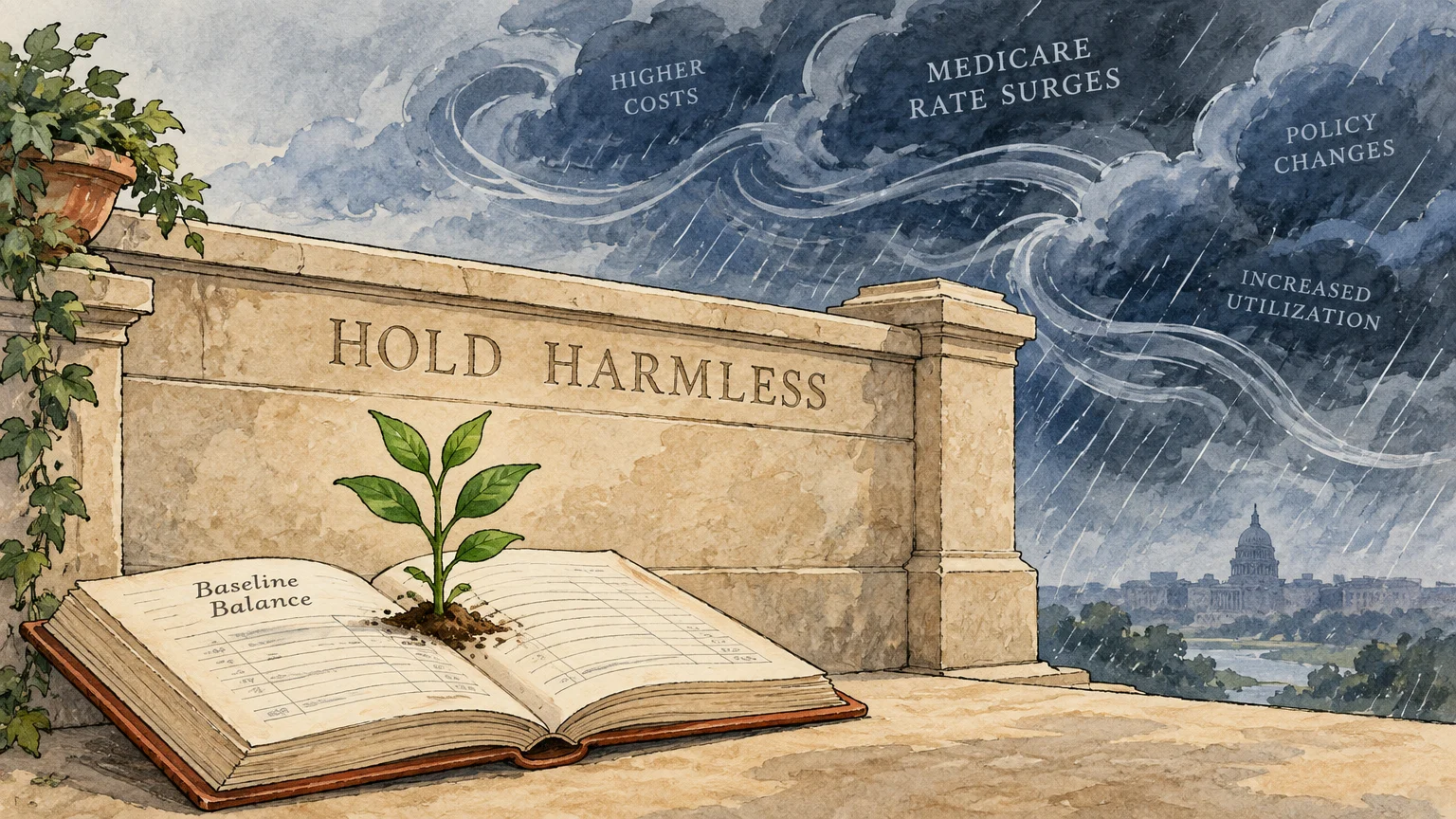 Illustration of a plant growing from a ledger behind a stone wall labeled Hold Harmless, sheltering it from a storm.