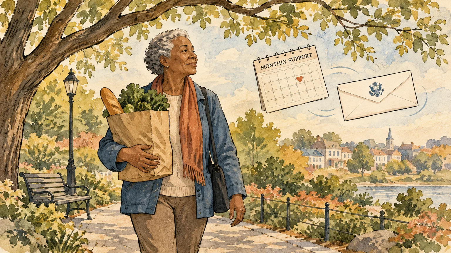 Senior woman carrying groceries on a park path, with a calendar marked monthly support and an envelope floating nearby.