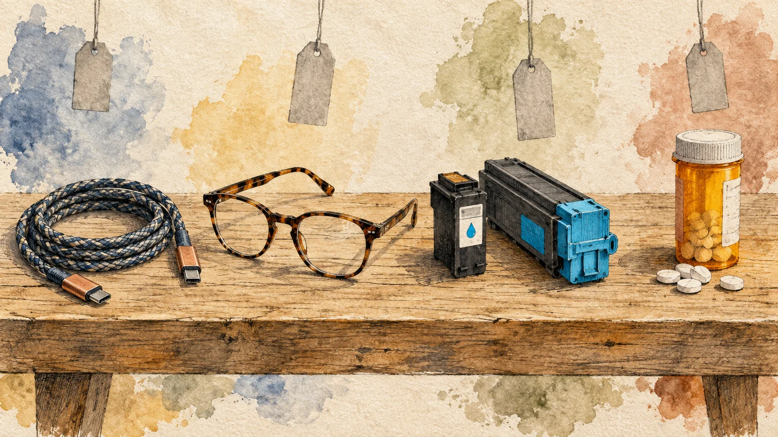 Illustration of a charging cable, eyeglasses, ink cartridges, and a pill bottle on a wooden shelf beneath price tags.
