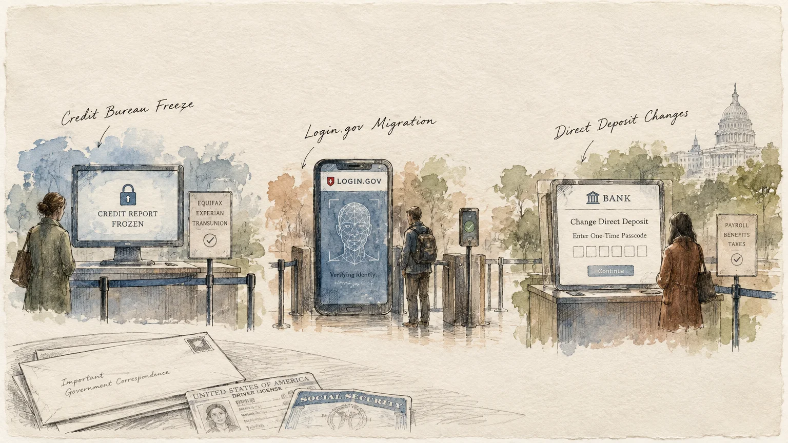 Watercolor illustration of verification kiosks for credit freezes, Login.gov migration, and direct deposit changes.
