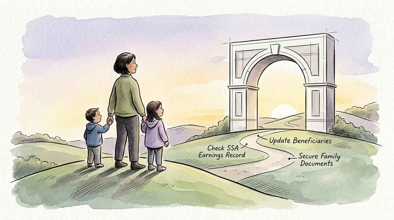 Illustration of a mother and two children looking toward a stone arch along a path labeled with planning steps.