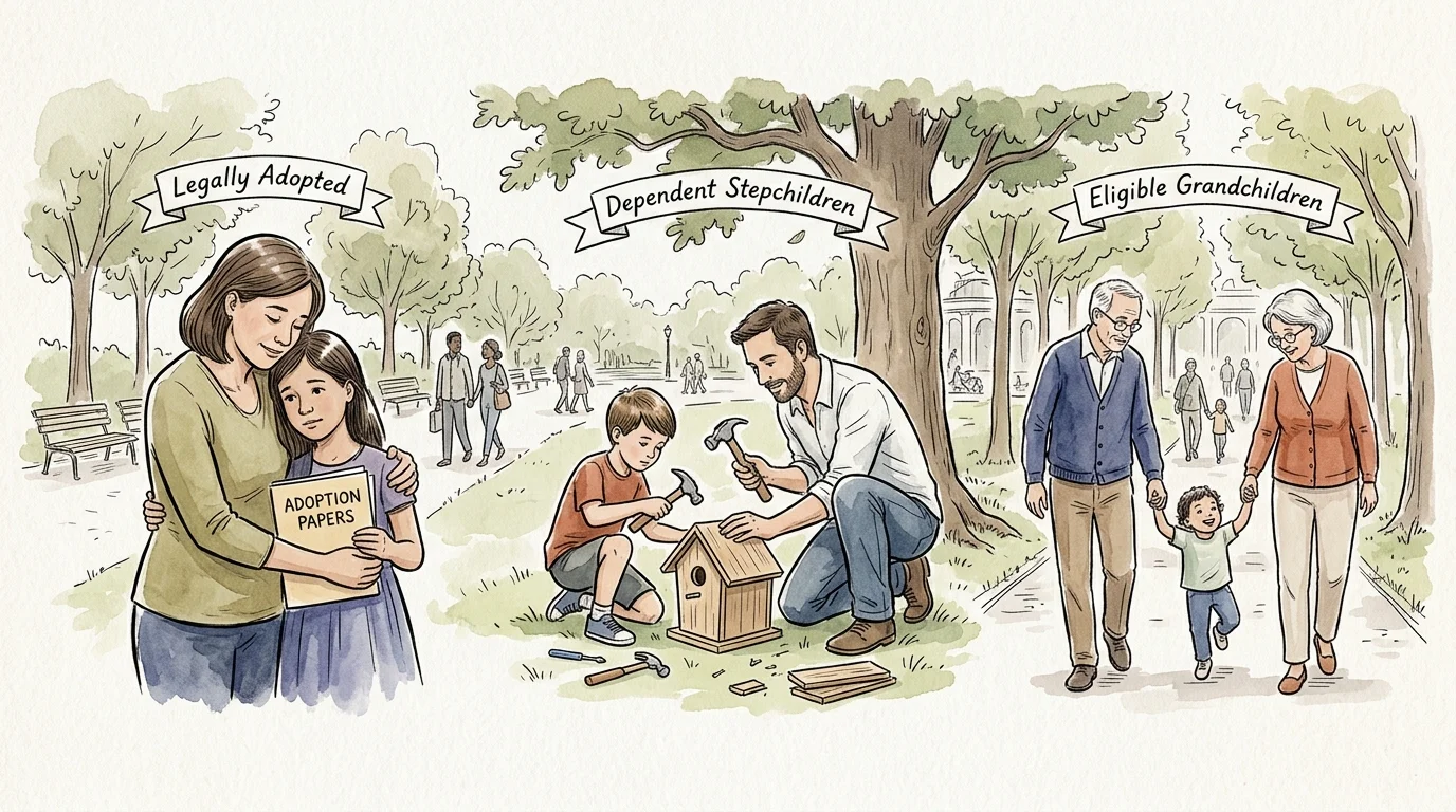 Scenes labeled Legally Adopted, Dependent Stepchildren, and Eligible Grandchildren showing children with caregivers.