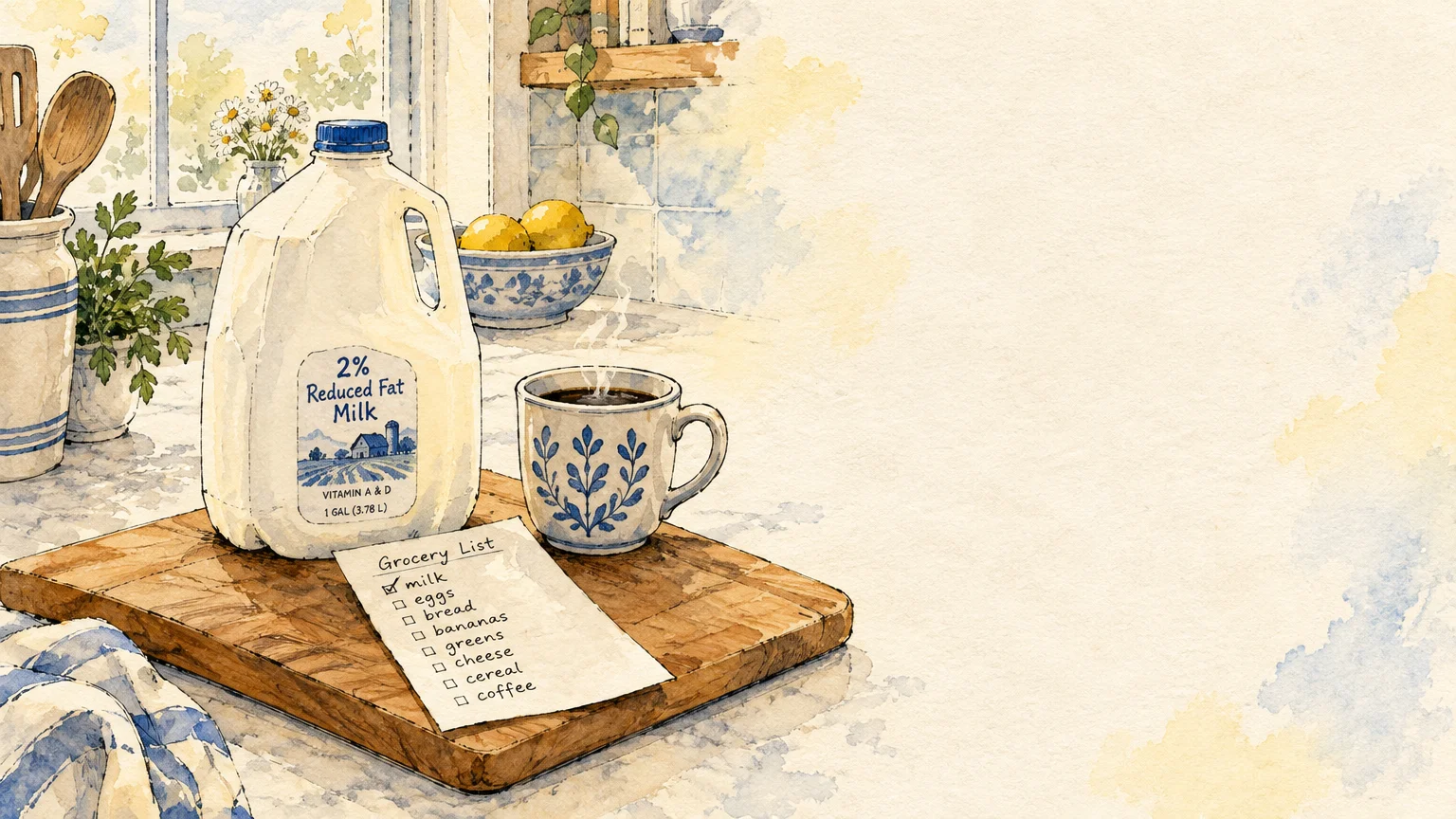 Watercolor illustration of a gallon of milk, a mug of coffee, and a handwritten grocery list on a kitchen cutting board.