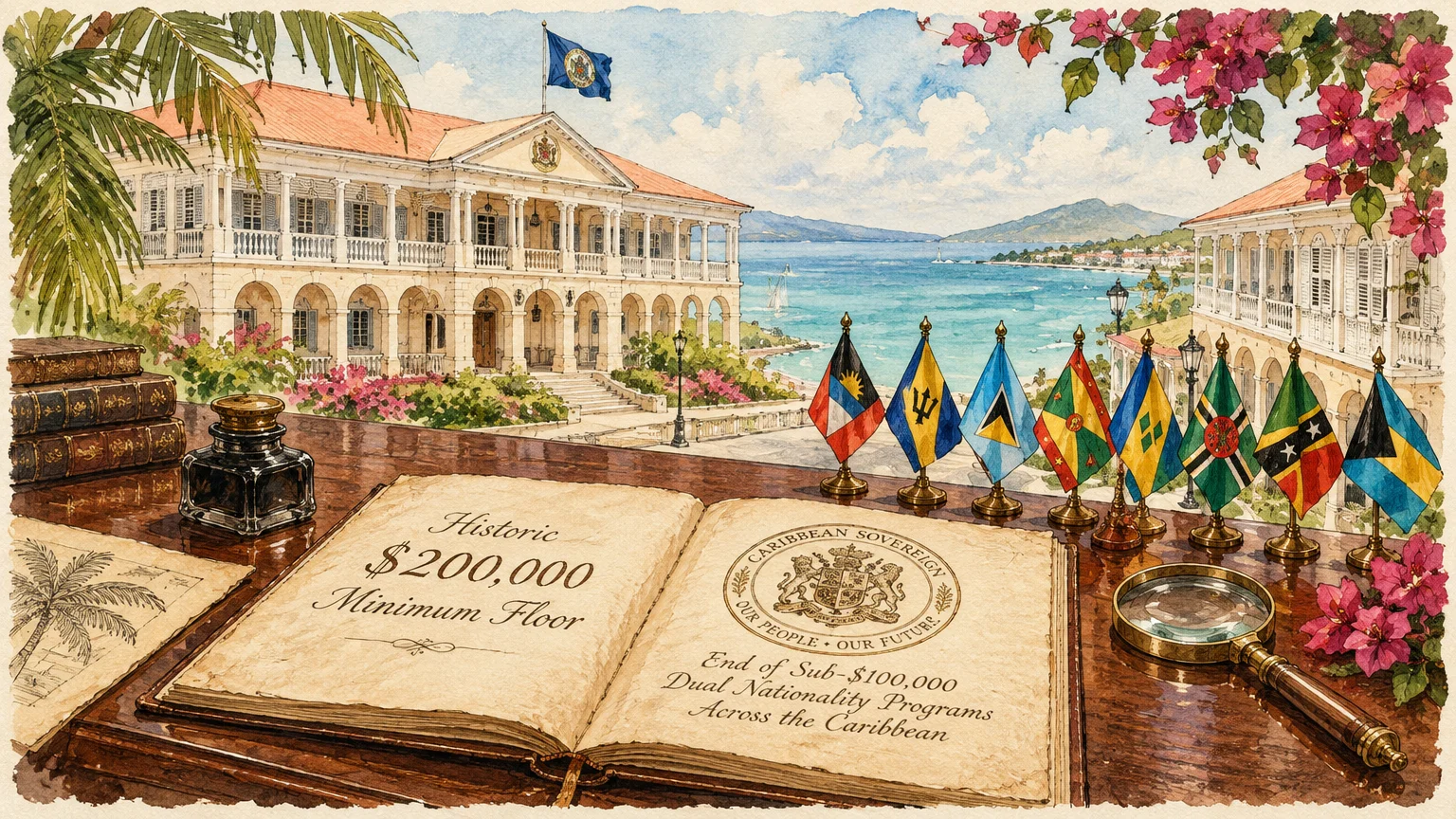 Watercolor illustration of an open document, Caribbean flags, and inkwell on a desk overlooking a tropical coastline.