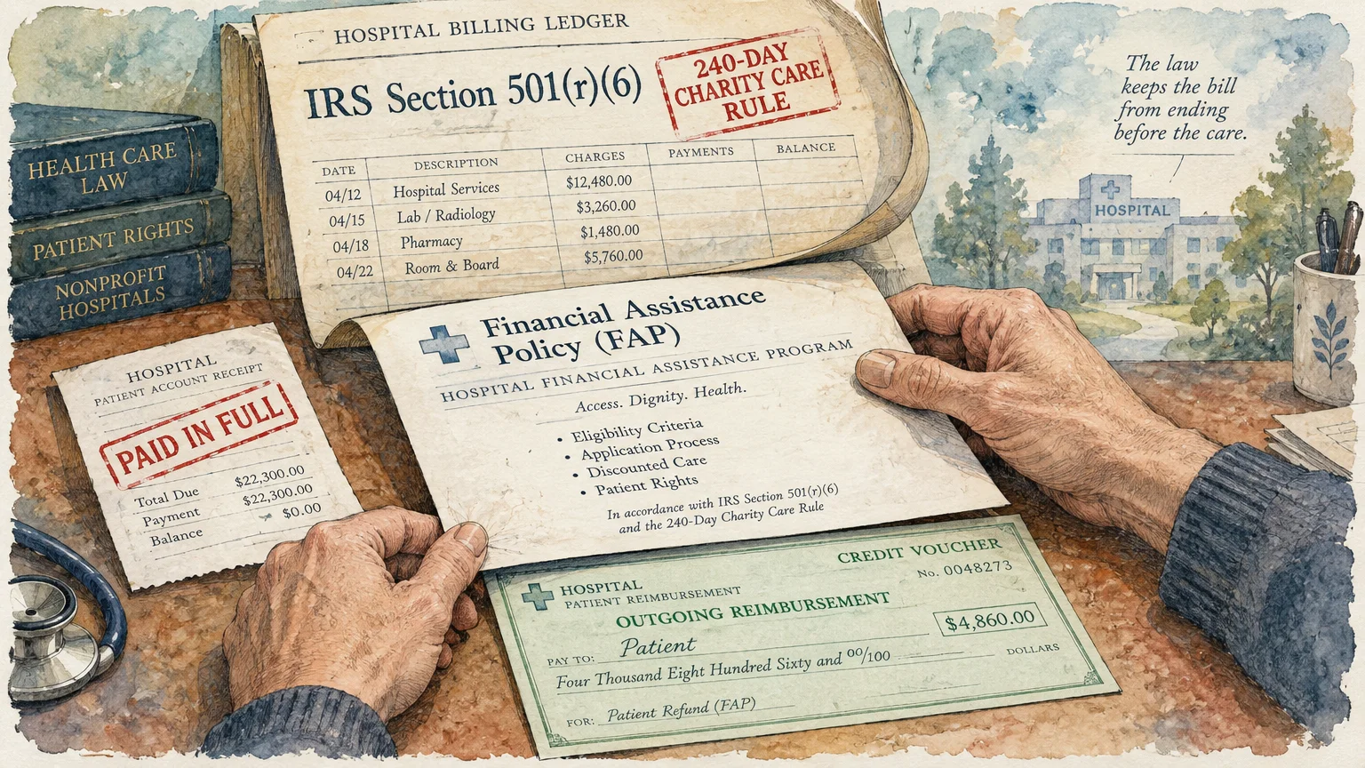 Hands holding a Financial Assistance Policy document beside a hospital billing ledger, paid receipt, and reimbursement check.