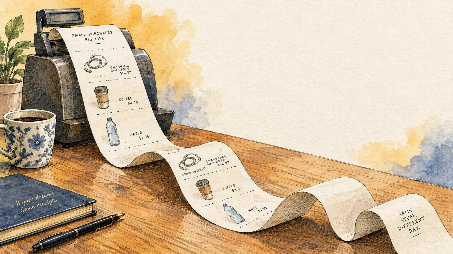 Watercolor illustration of a vintage cash register printing an endlessly long receipt across a wooden desk.