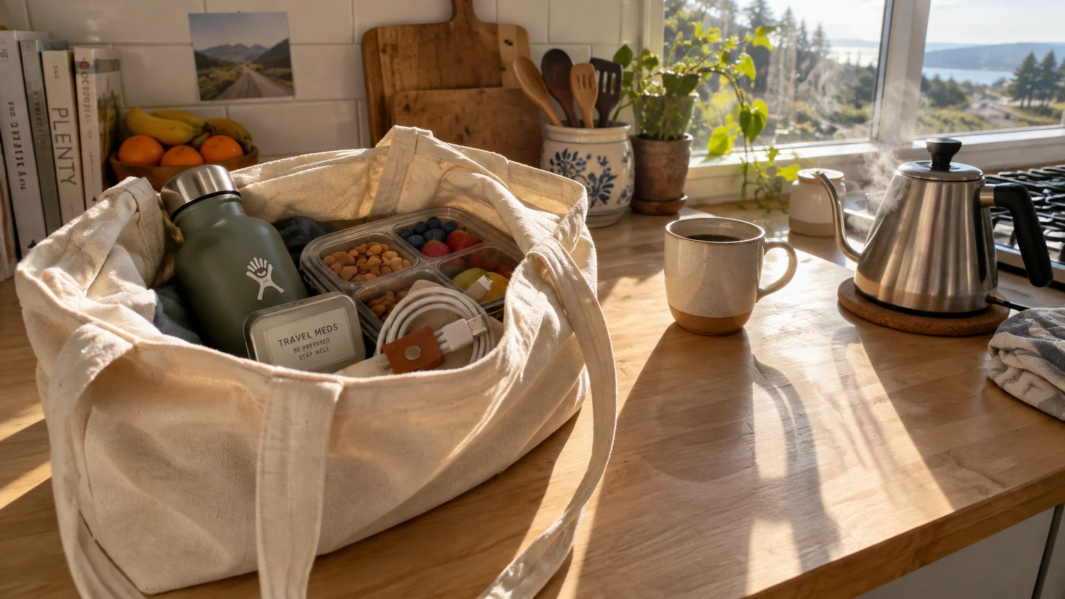 Canvas tote bag packed with a water bottle, snack container, charging cable, and travel meds tin on a sunlit counter.