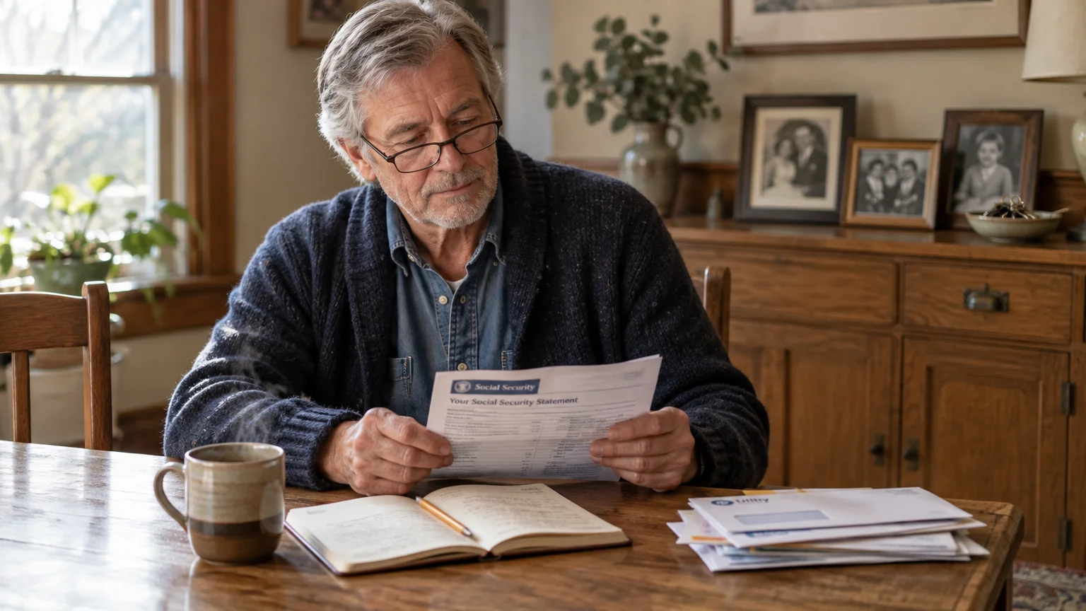 An older man wearing glasses reads a Social Security statement at a wooden dining table with coffee and mail.