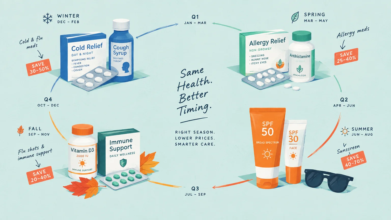 Illustrated seasonal cycle showing over-the-counter medications, vitamins, and sunscreens arranged across four quarters.