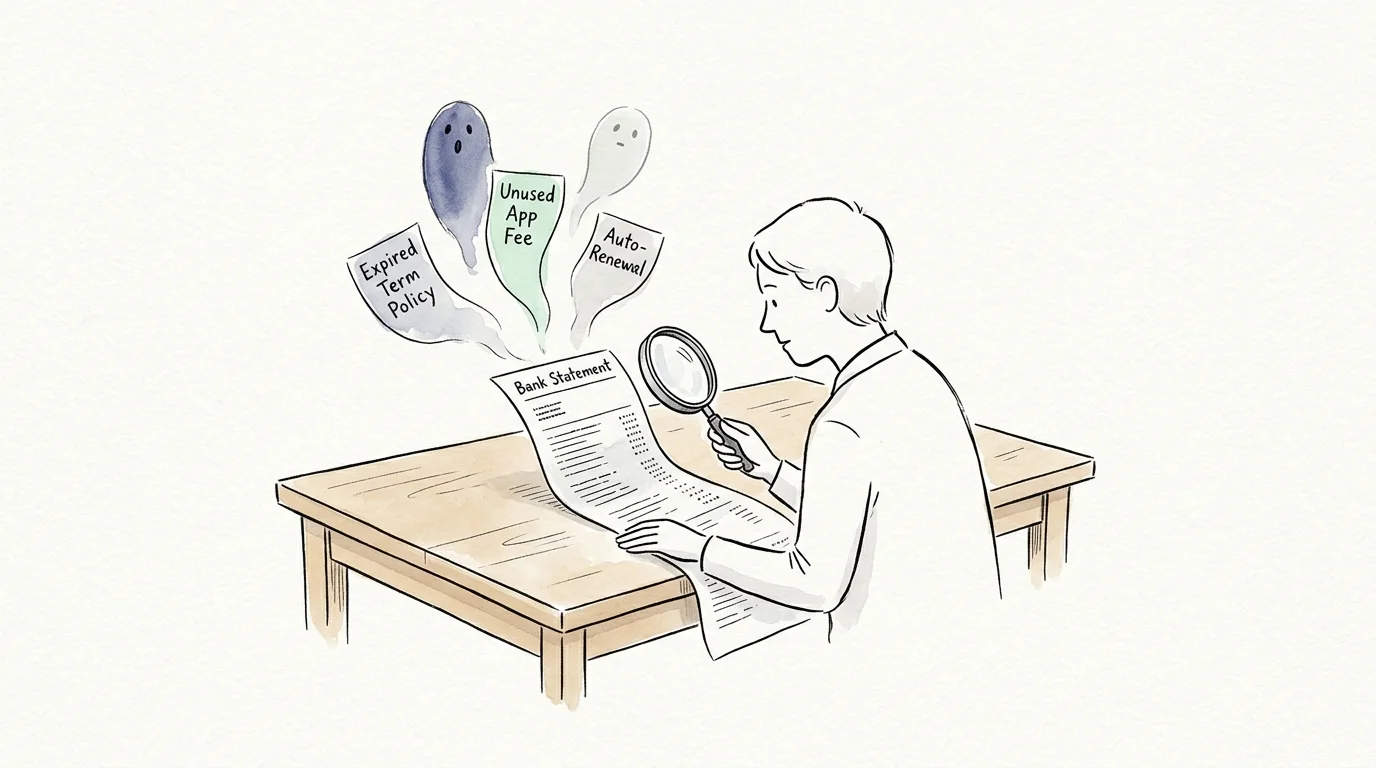 Sketch of a person holding a magnifying glass to a bank statement with ghost figures floating above it.