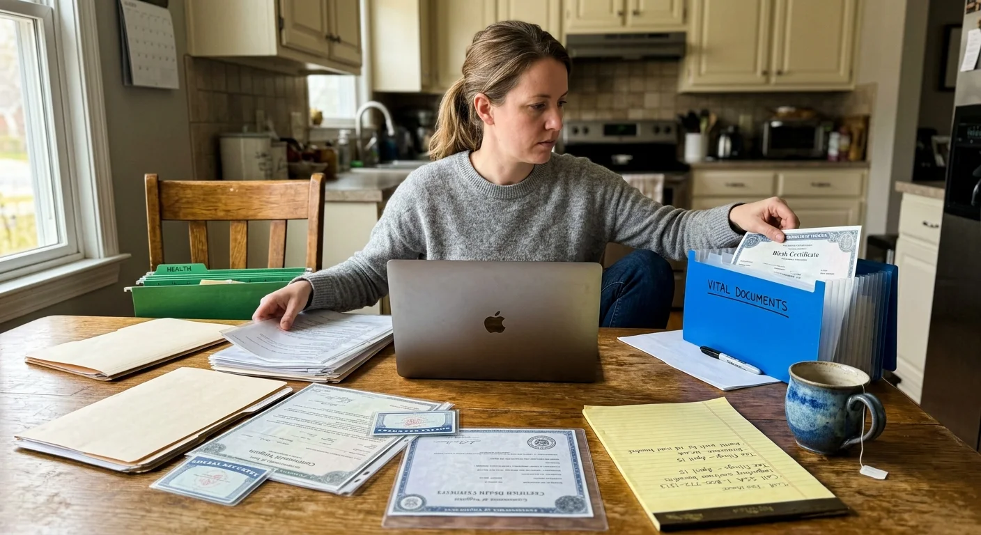 A woman sitting at a kitchen table with a laptop, organizing vital record certificates and file folders.