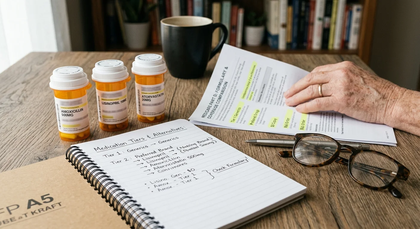 Pill bottles, handwritten medication notes, glasses, and a Medicare comparison document on a wooden desk.
