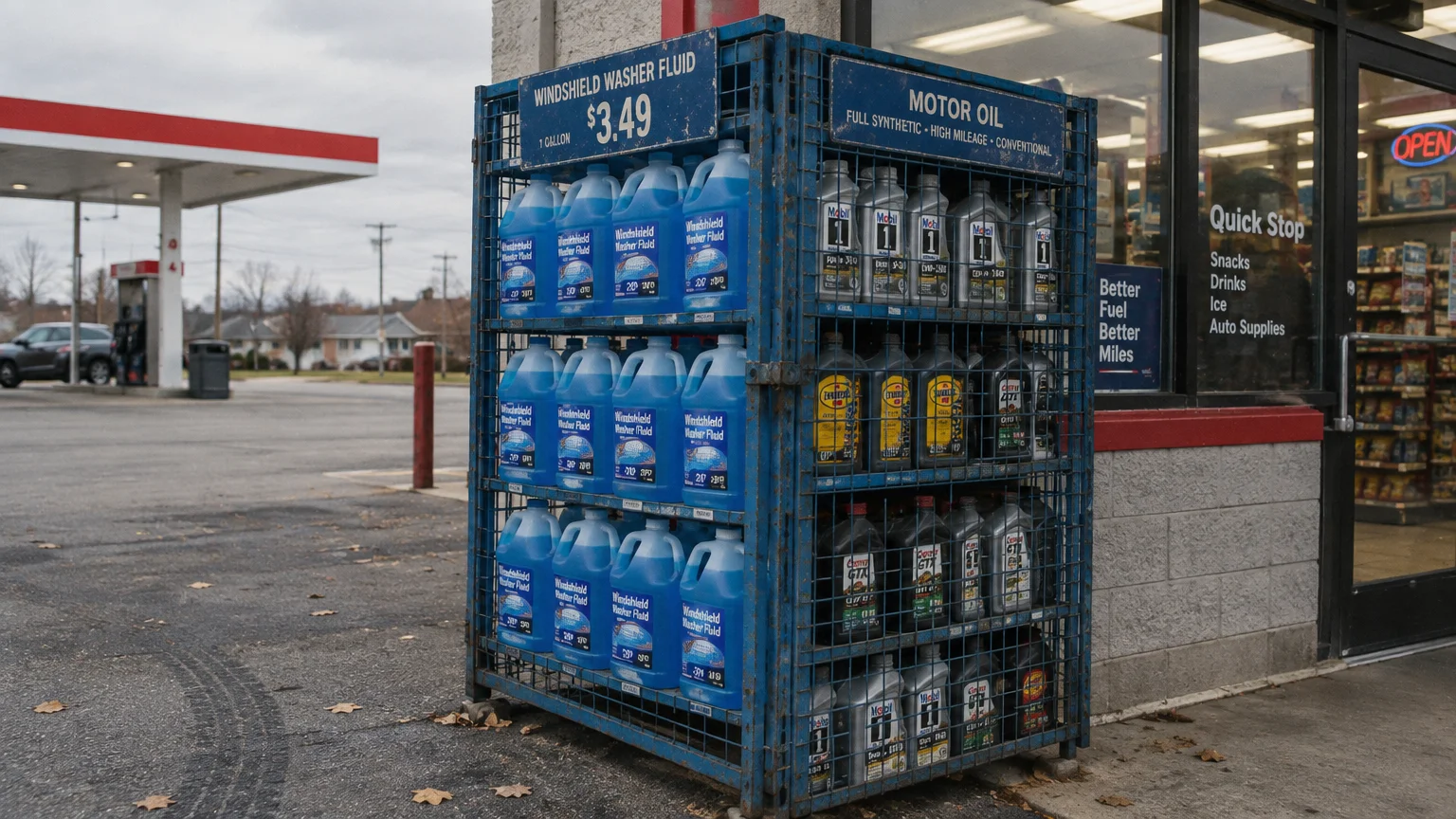 Blue metal cage outside a convenience store filled with jugs of windshield washer fluid and bottles of motor oil.