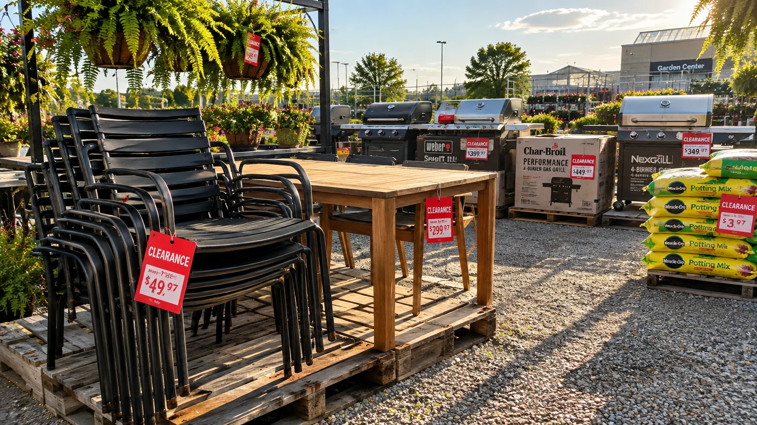 Outdoor garden center lot filled with patio dining sets, stacked chairs, gas grills, and soil bags marked with red clearance tags.