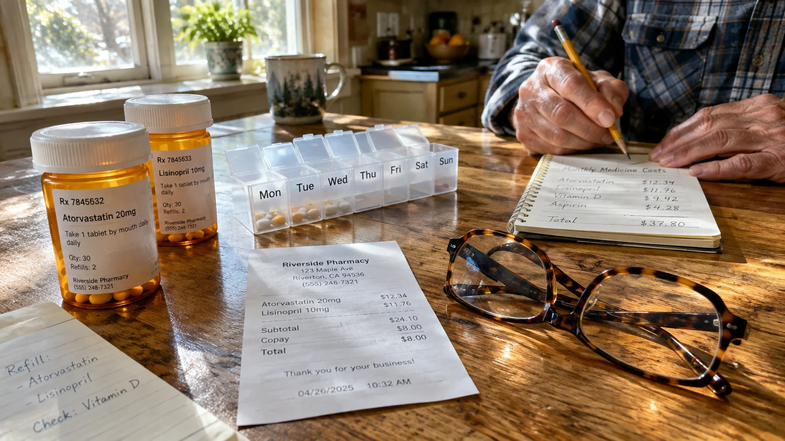 A person writes medication costs in a notebook near pill bottles, a daily pill organizer, eyeglasses, and a pharmacy receipt.