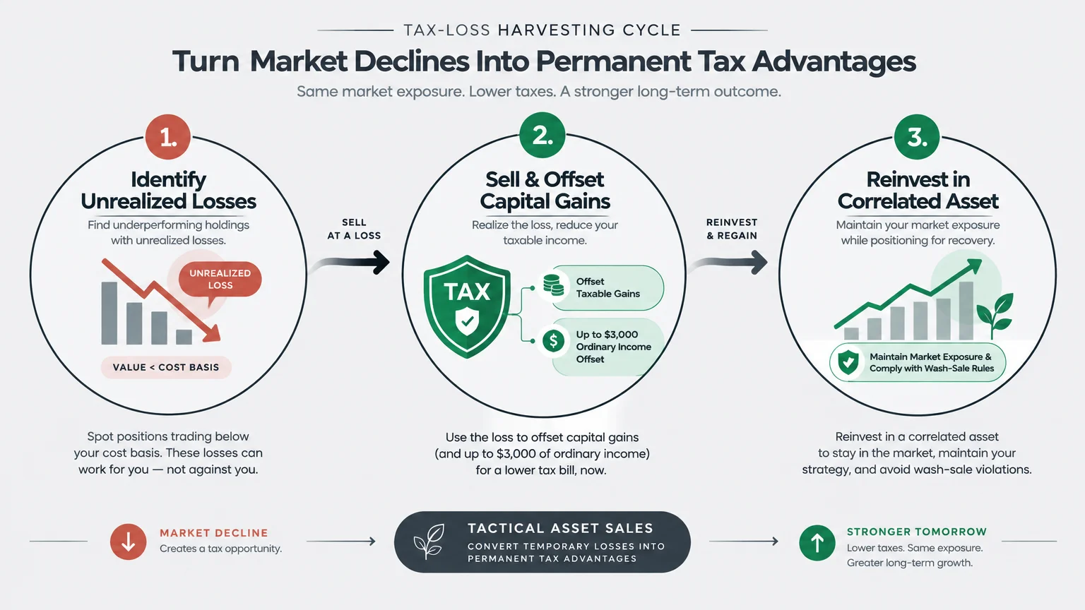 Three-step diagram showing tax-loss harvesting: identify unrealized losses, sell to offset capital gains, and reinvest.
