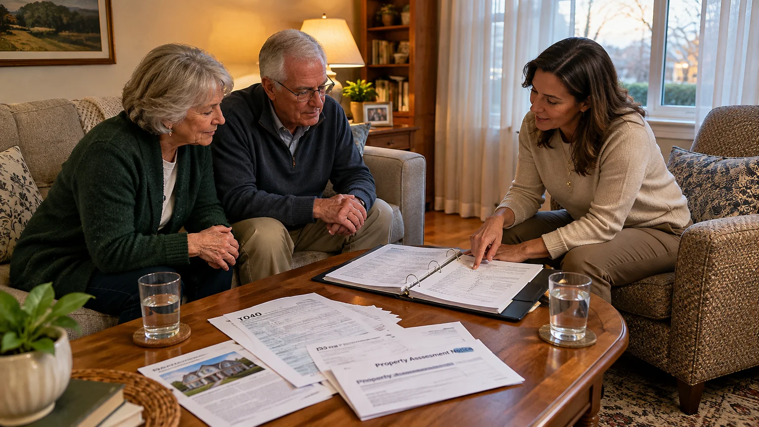 A woman points to a binder on a coffee table with financial paperwork, speaking with an older couple seated on a sofa.