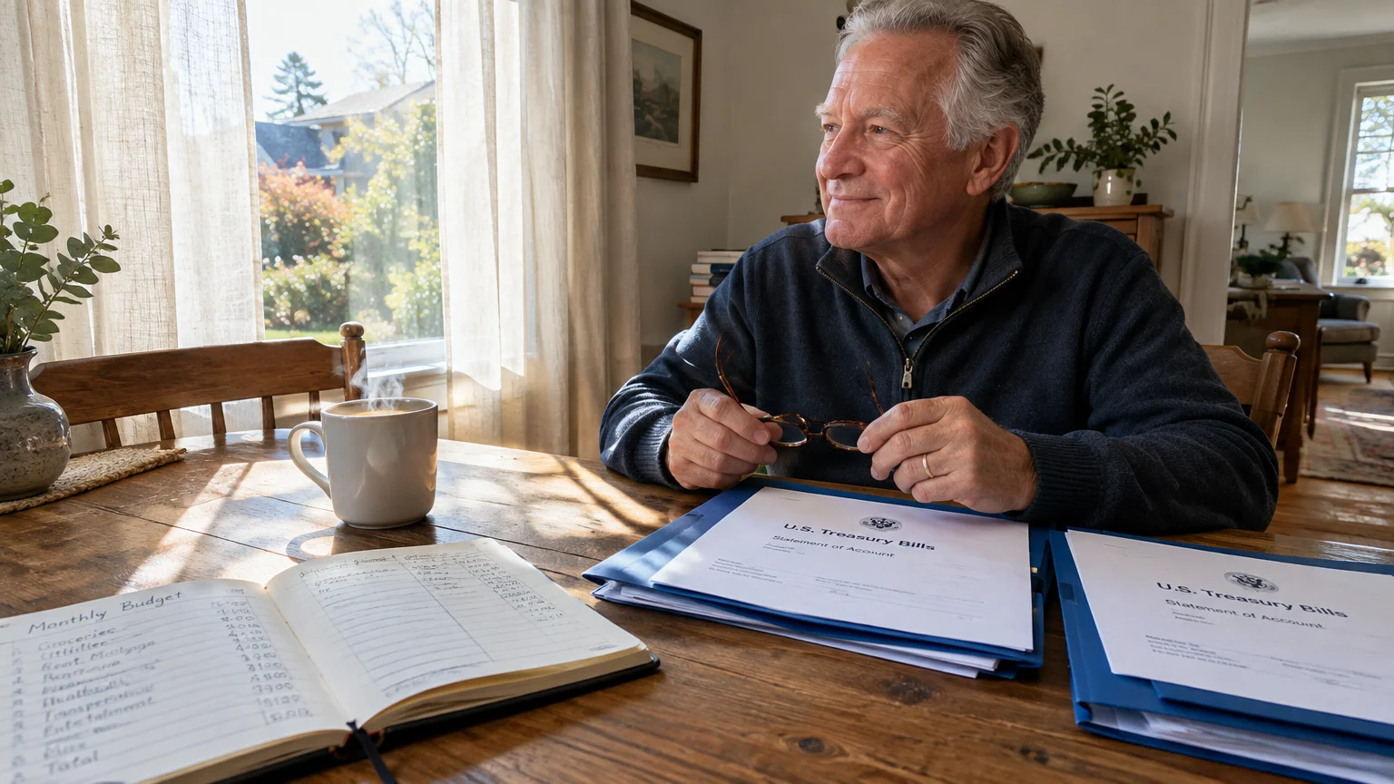 A senior man sits at a wooden table with a steaming mug, budget ledger, and U.S. Treasury Bills documents.