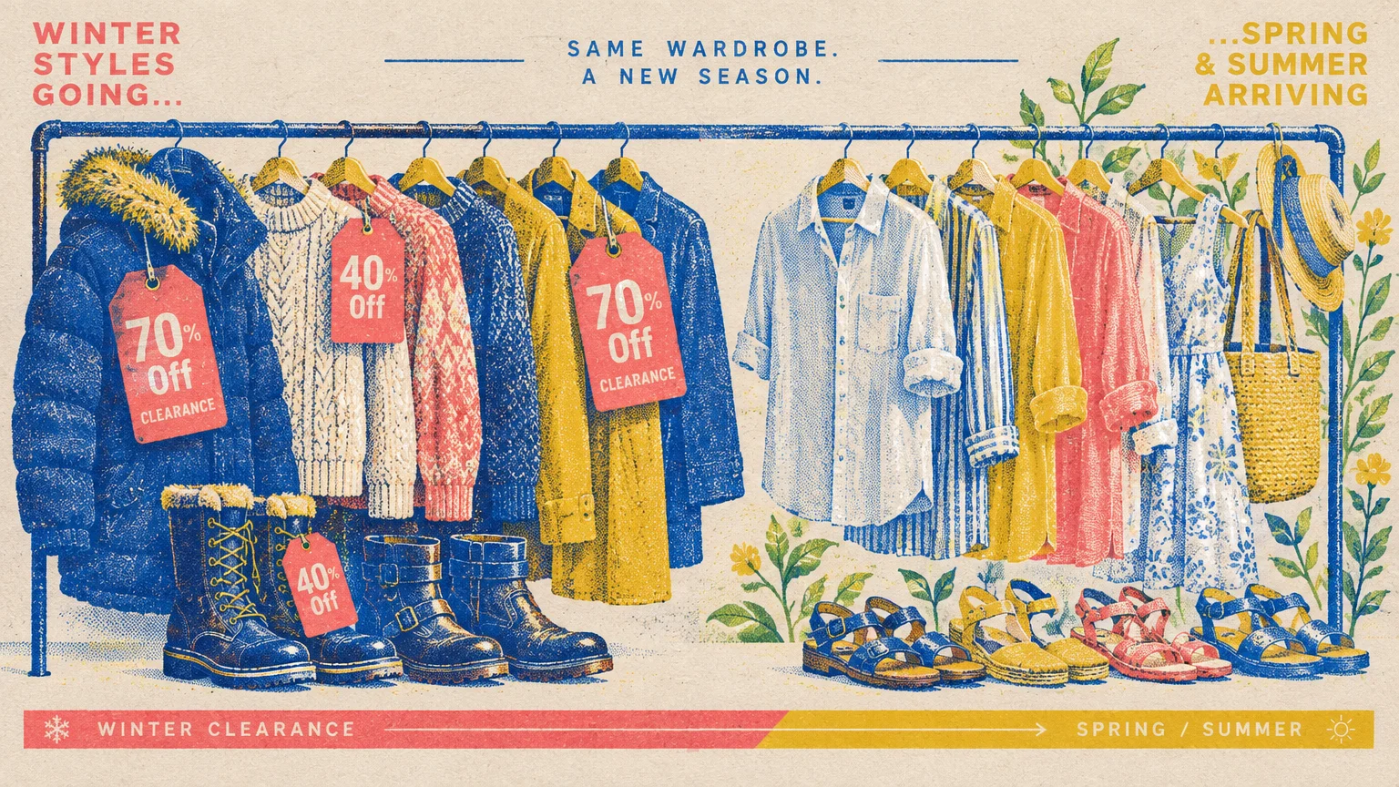 Illustration of clothing on a rack split between discounted winter coats and boots on the left and spring apparel on the right.