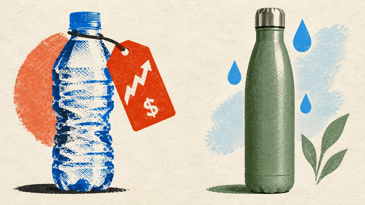 Illustration of a plastic water bottle with a red rising-price tag next to a reusable green metal bottle.
