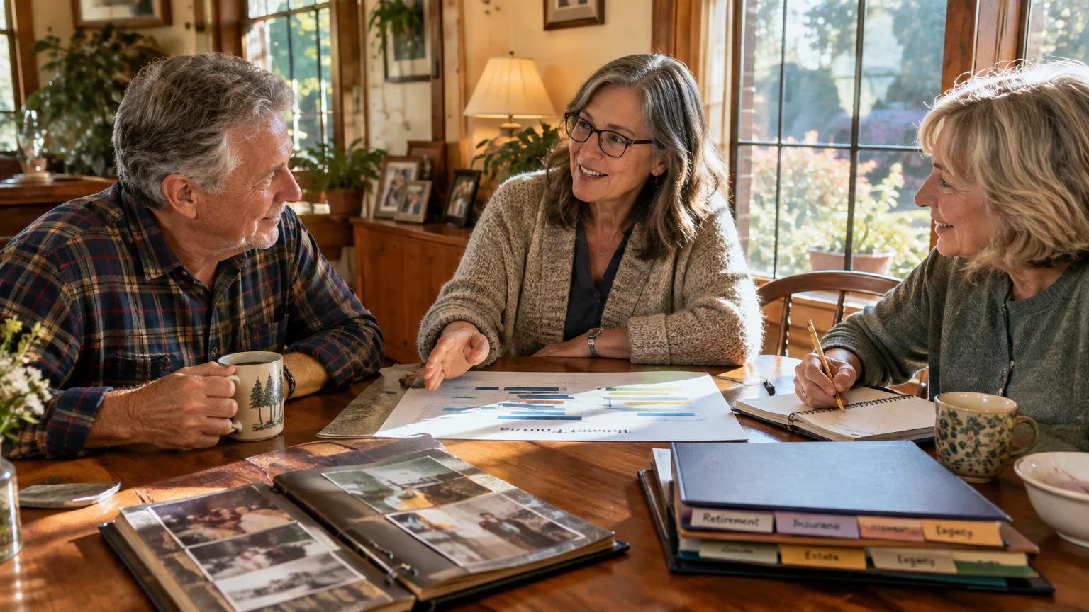 A female financial advisor talks with a senior couple seated at a wooden table with planning documents and folders.
