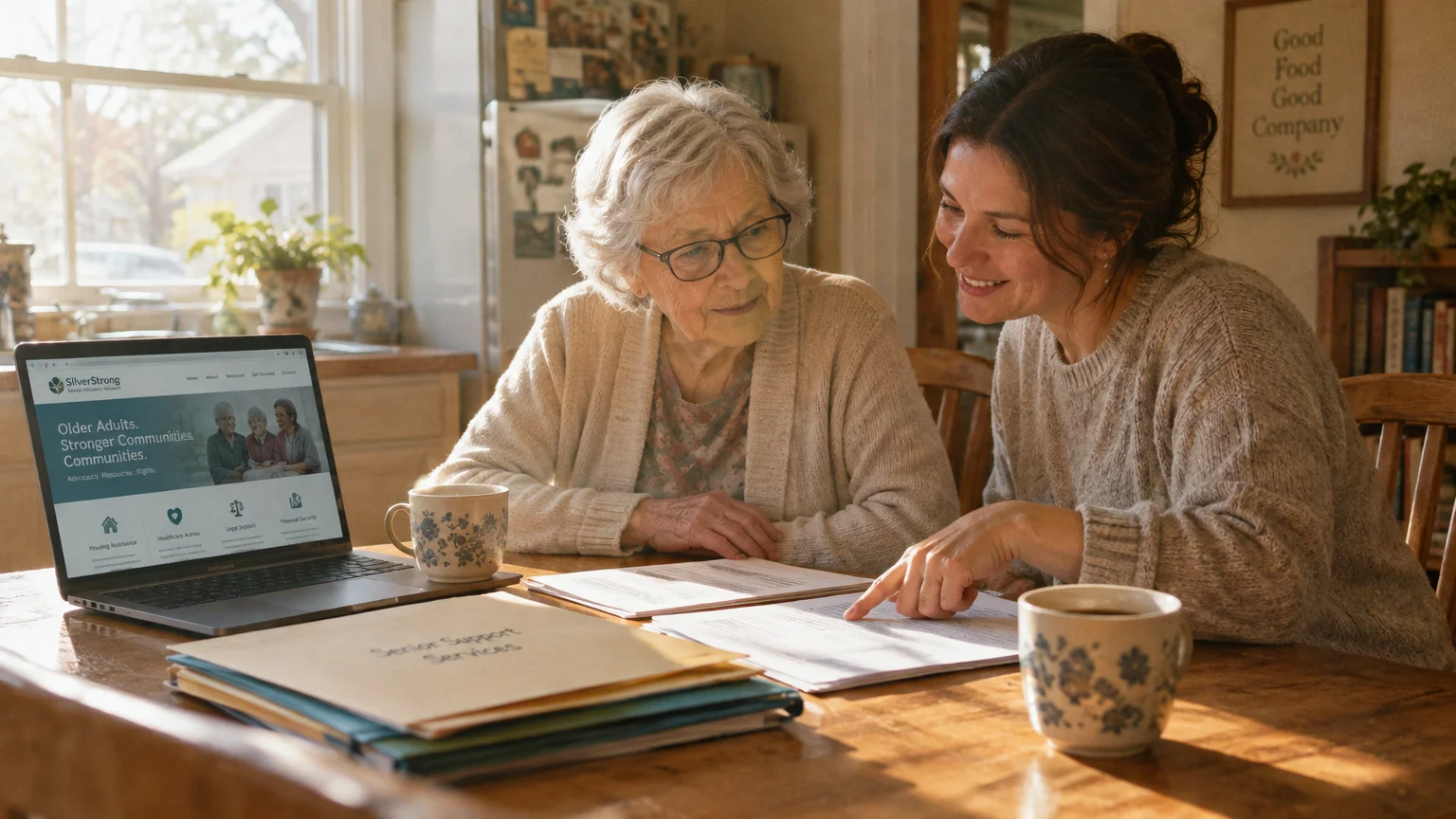 An older woman and a younger woman review paperwork together at a table beside an open laptop.