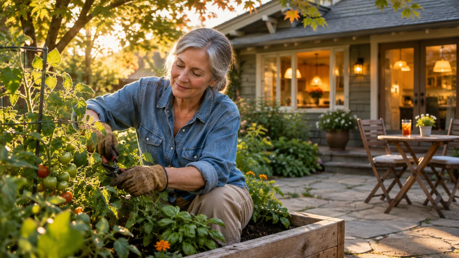 A smiling senior woman gardens with shears in a raised garden bed outside her home patio.