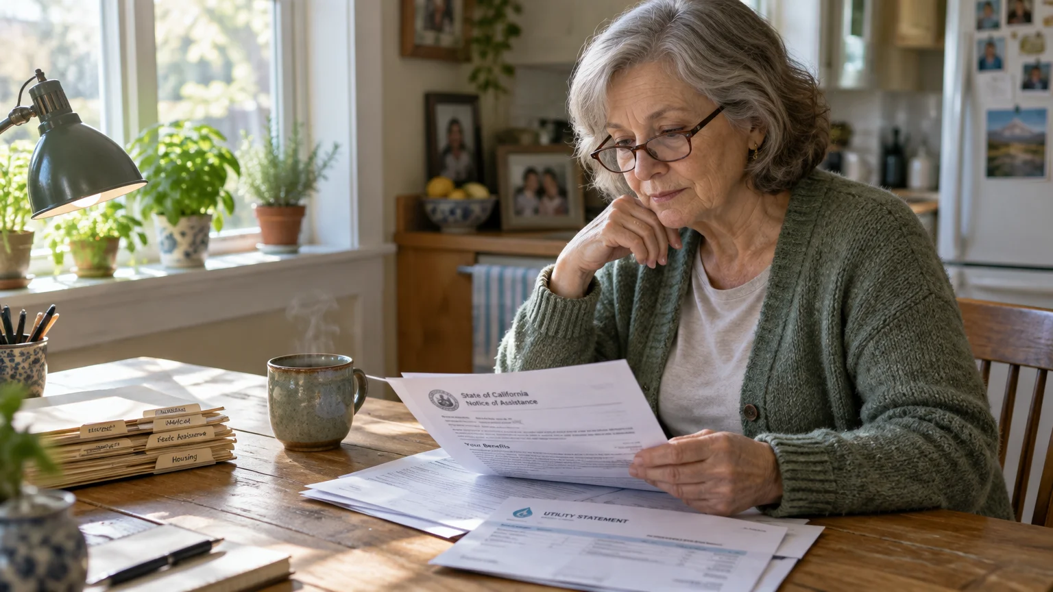 Senior woman with glasses sitting at a dining table review state assistance paperwork and utility statements.