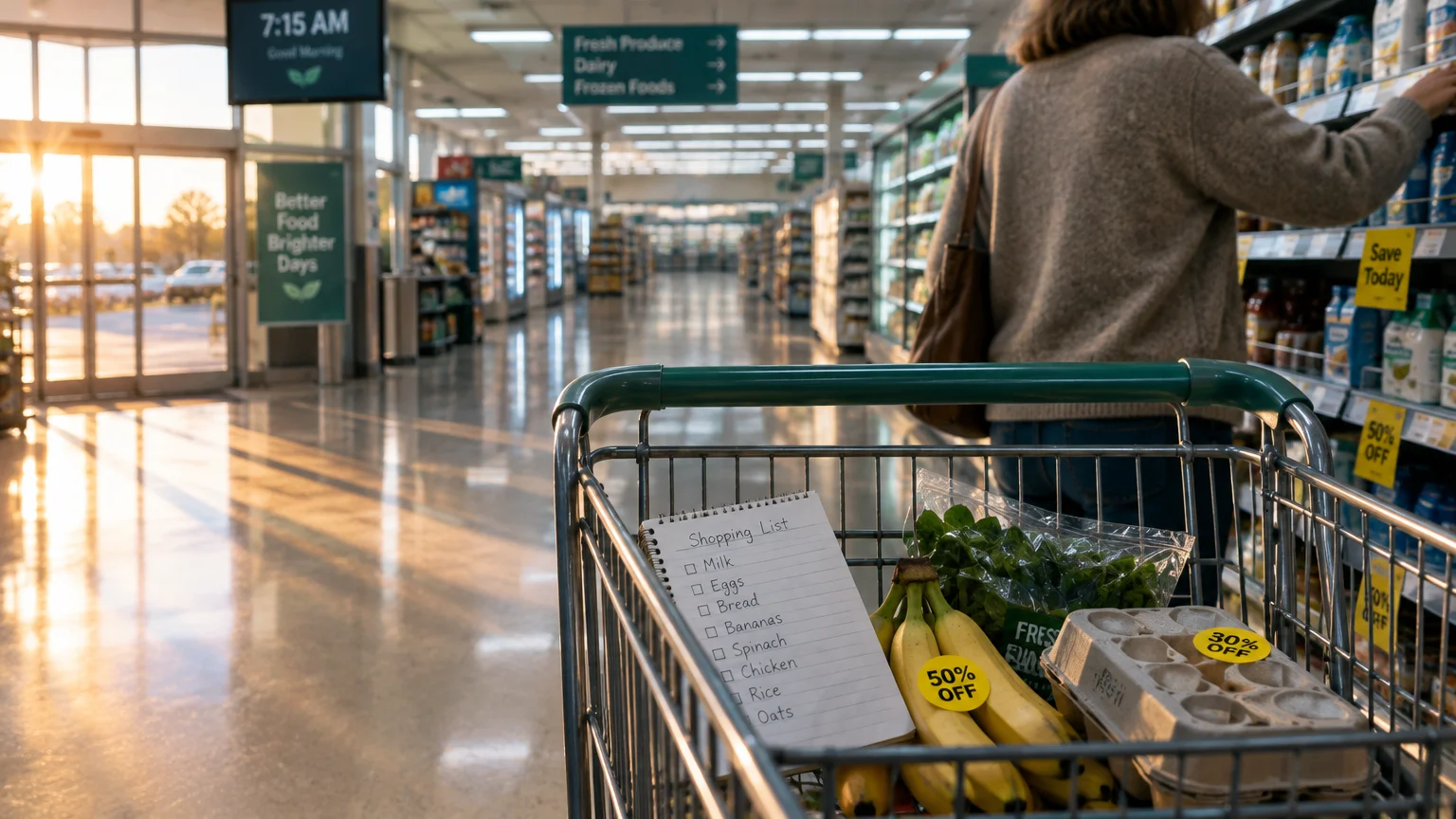 Shopping cart holding produce, an egg carton, and a handwritten checklist as a person shops in a grocery store aisle.