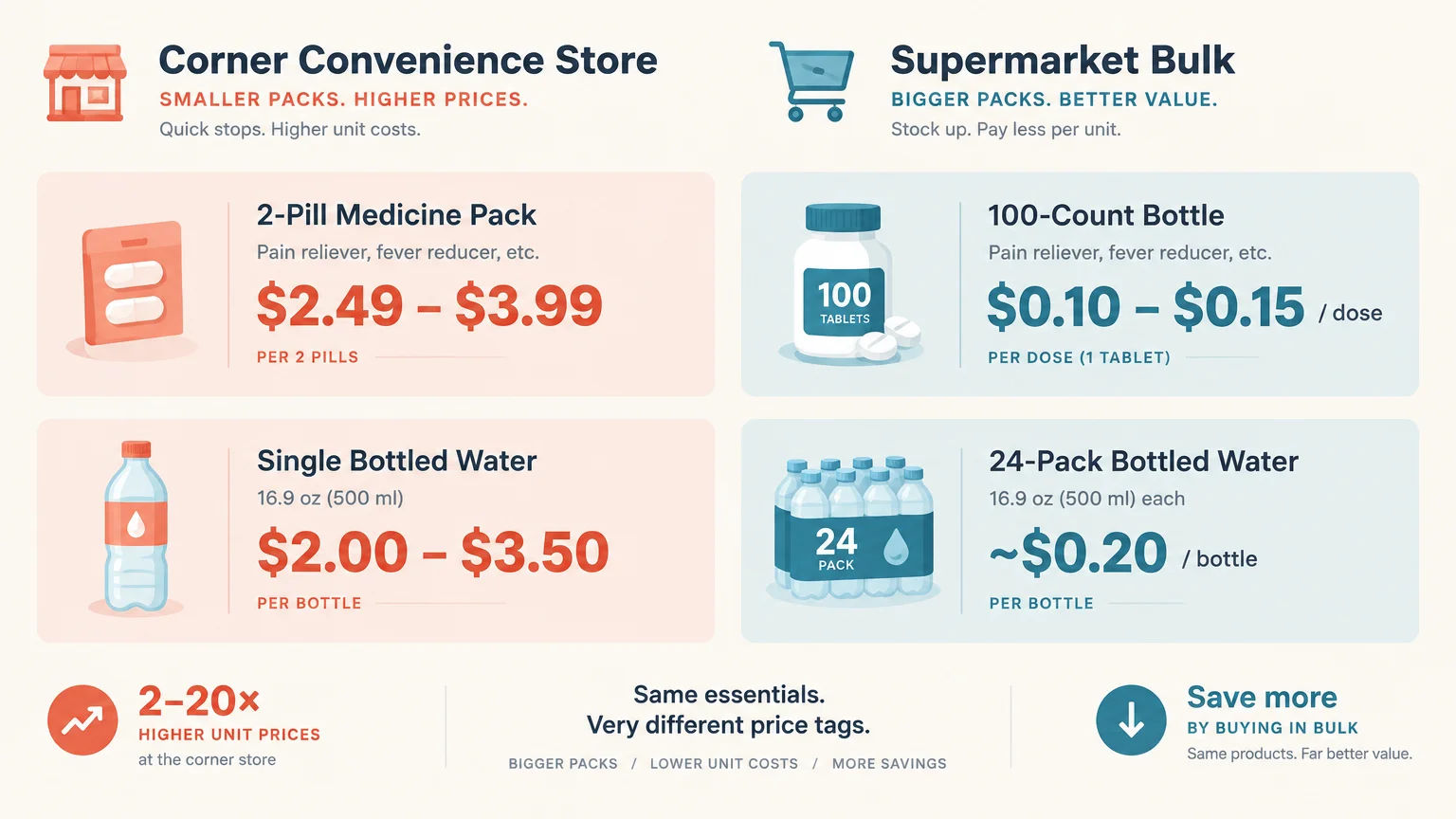 Price comparison infographic contrasting convenience store prices with supermarket bulk prices for medicine and bottled water.