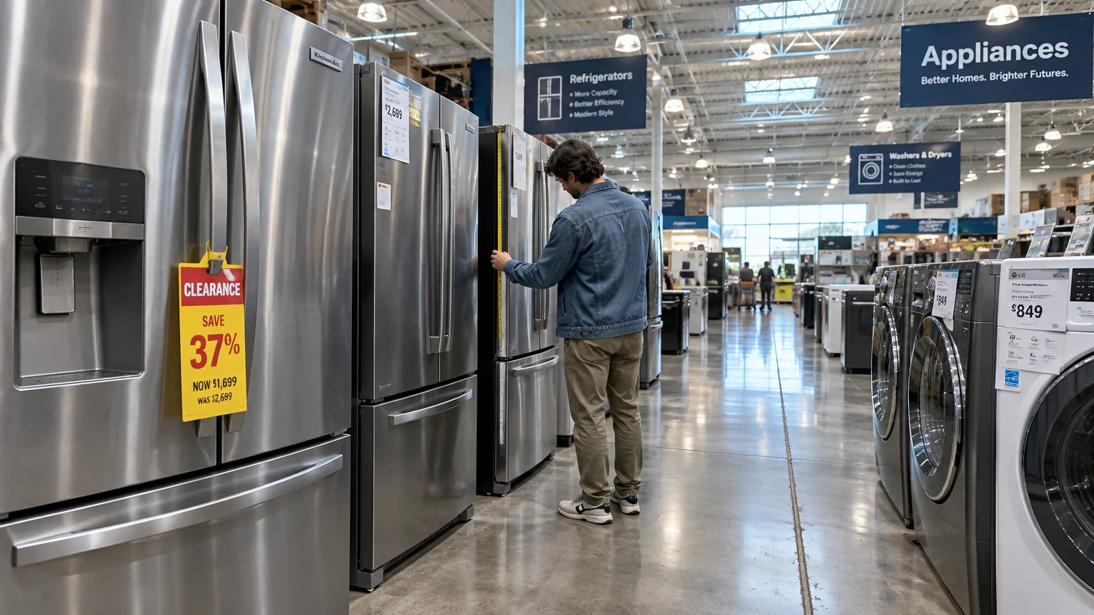 A man uses a measuring tape on a stainless steel refrigerator in an appliance store showroom aisle.
