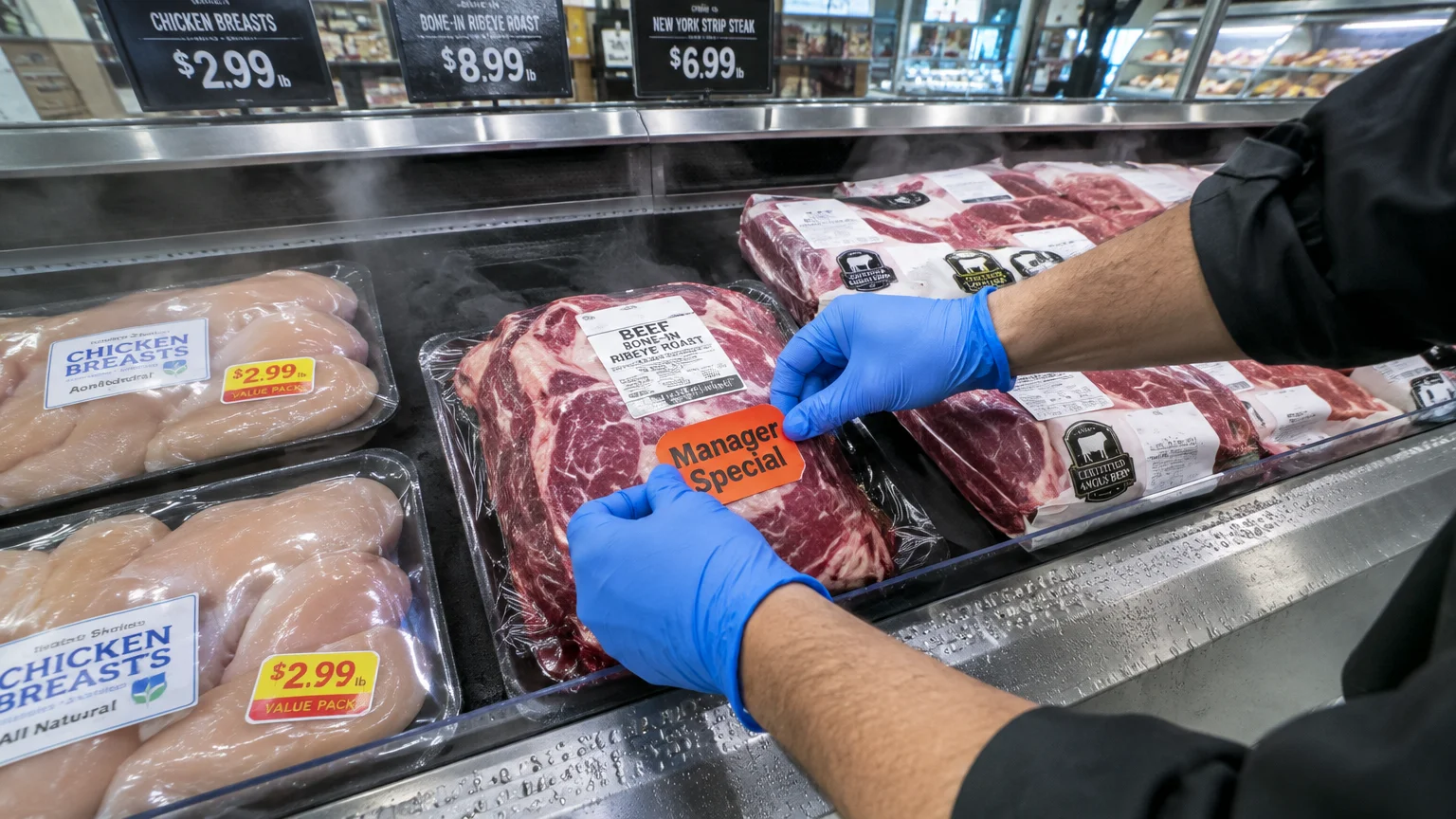 Gloved hands placing an orange Manager Special sticker on a packaged beef ribeye roast in a supermarket cooler.