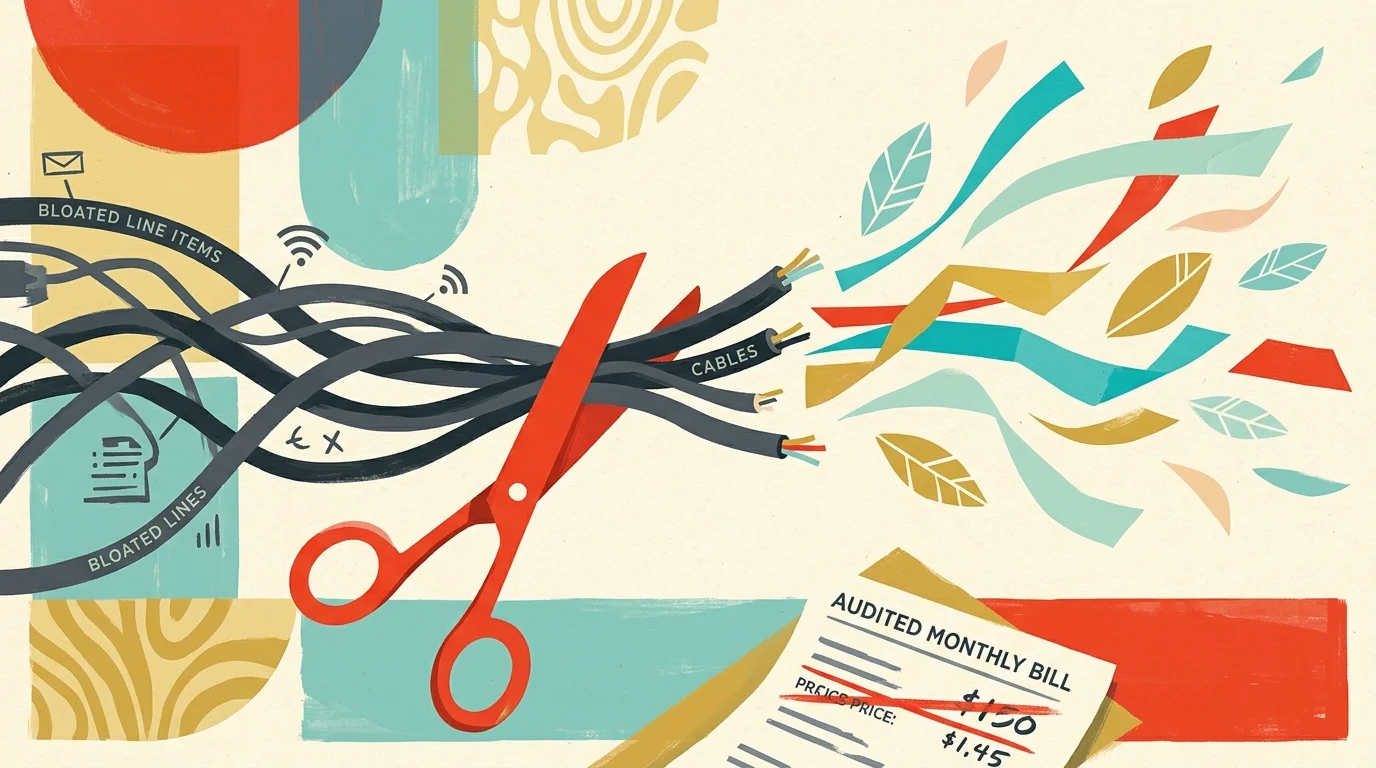 Illustration of red scissors cutting through thick black cables near an audited monthly bill with reduced charges.