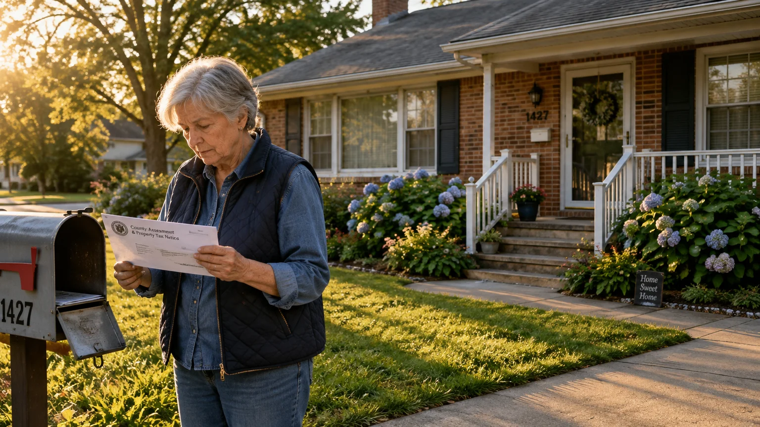 An older woman standing beside a residential mailbox reads a property tax assessment letter in her front yard.