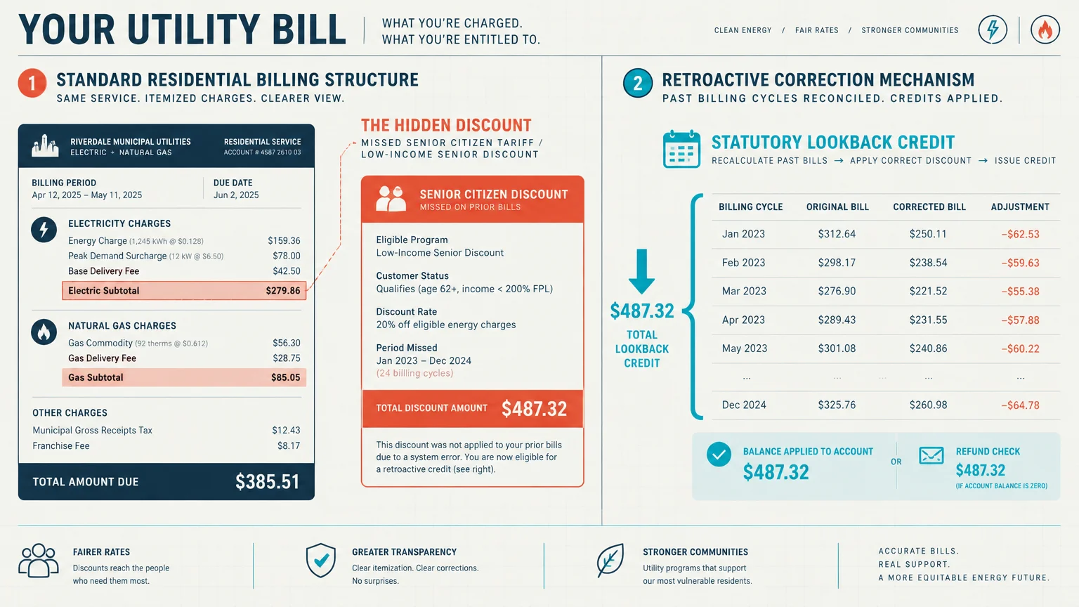 Infographic comparing standard residential utility charges with a retroactive lookback credit calculation for a senior discount.