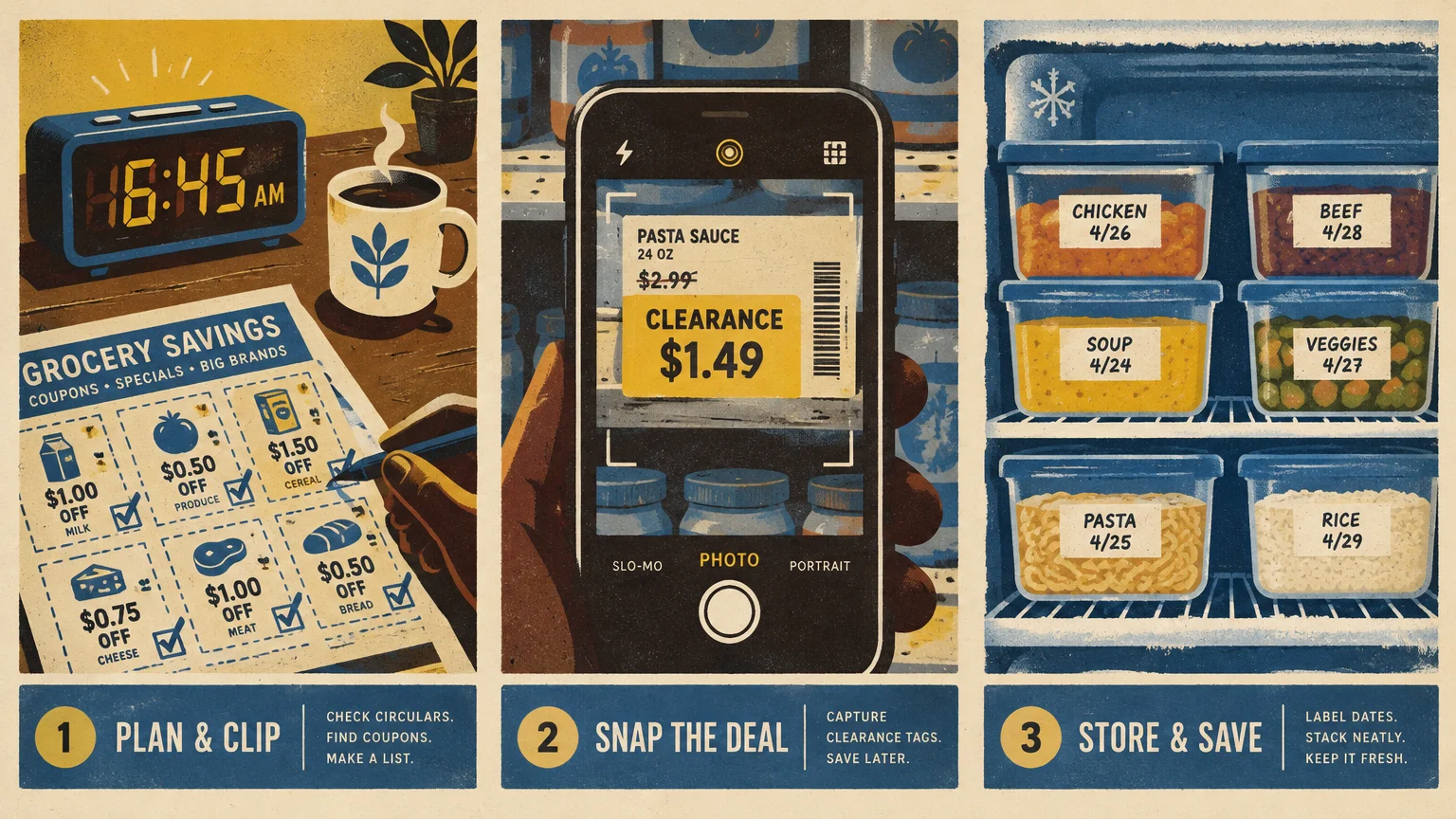 Three panels show coupon clipping, photographing a clearance tag with a phone, and storing dated containers in a freezer.