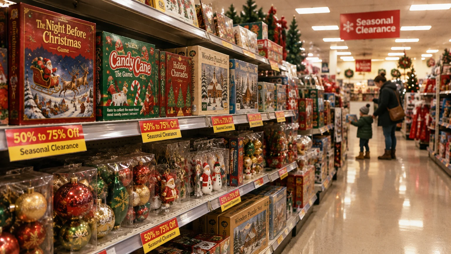 Shelves of holiday games and ornaments marked with seasonal clearance signs, with shoppers browsing an aisle.