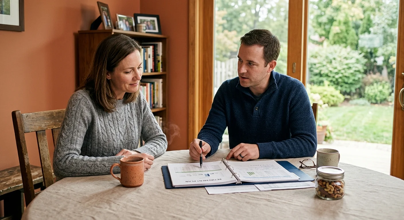 A man and woman sit at a round table reviewing a printed retirement plan binder together indoors.