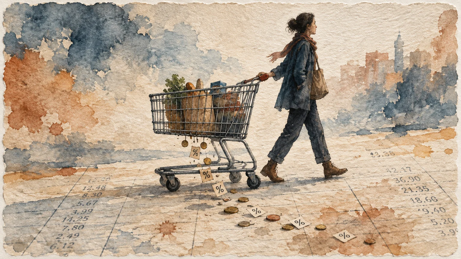 Watercolor illustration of a woman pushing a shopping cart over a ledger as coins and percent signs fall out.