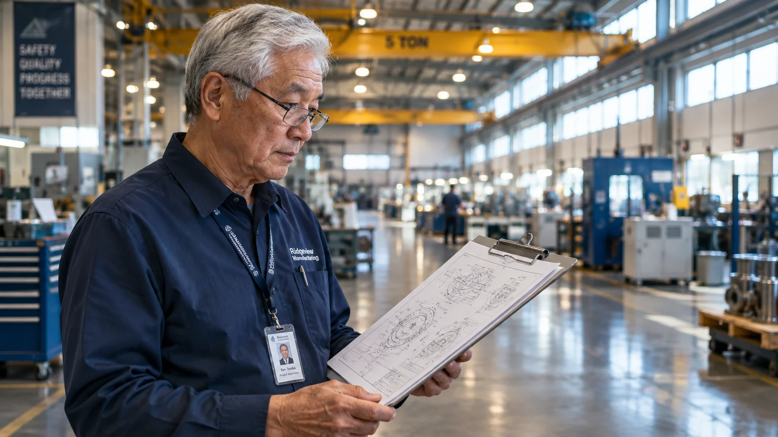 Senior Asian man with glasses holding a clipboard with technical drawings inside a brightly lit manufacturing facility.