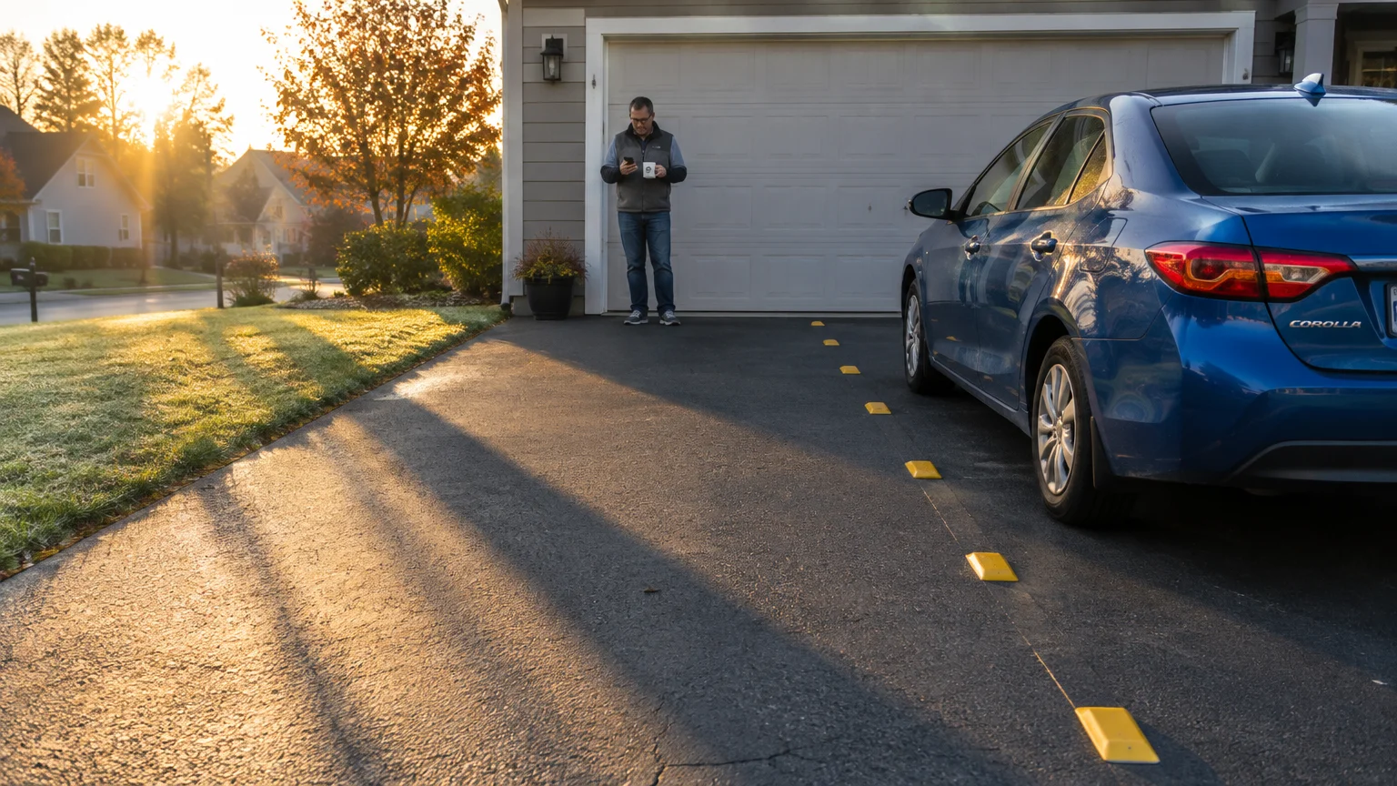 Blue sedan parked on an asphalt driveway beside yellow markers, with a man standing near the closed garage door.