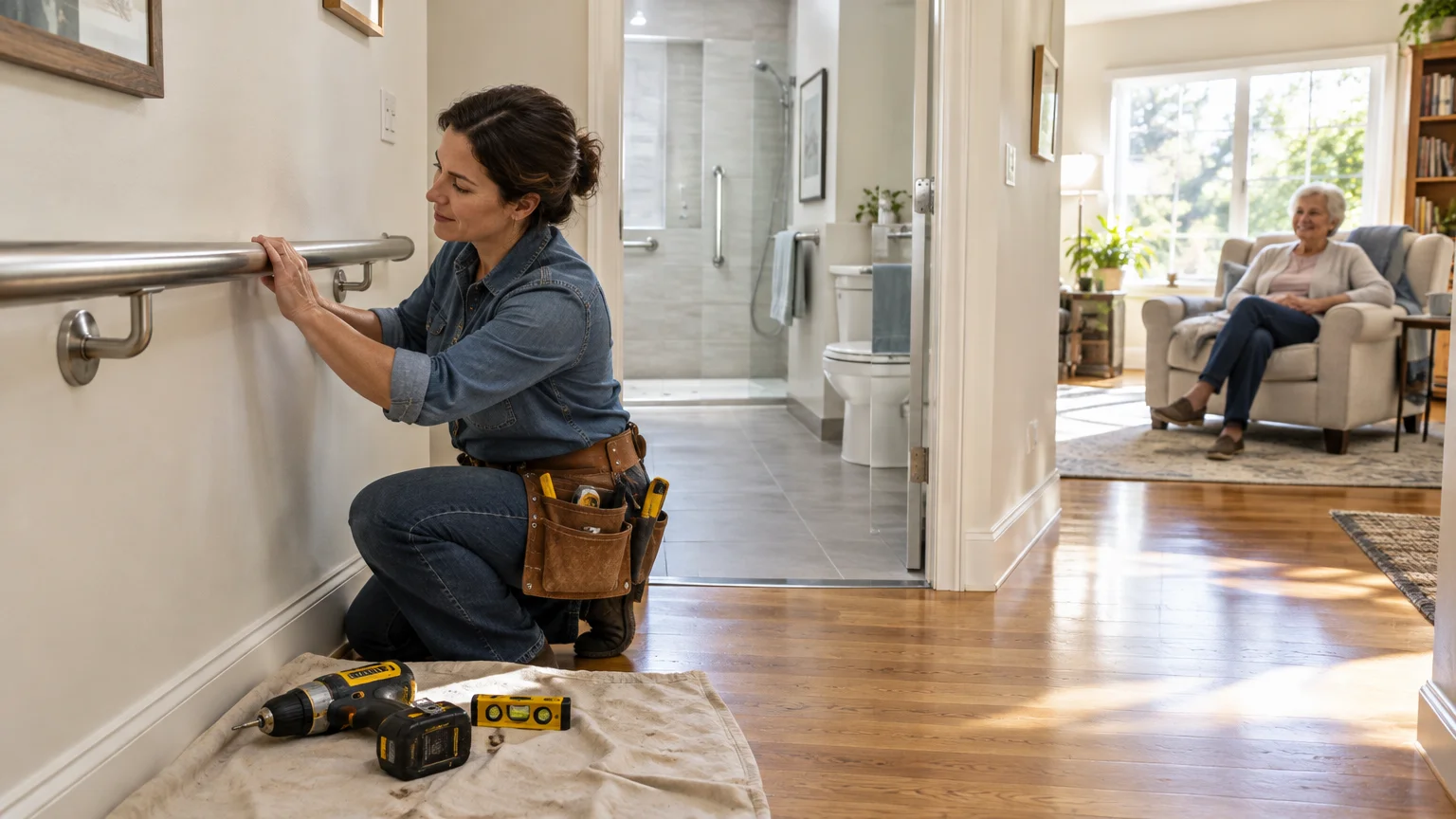 A contractor installs a metal handrail on a hallway wall while a senior woman smiles from an armchair nearby.
